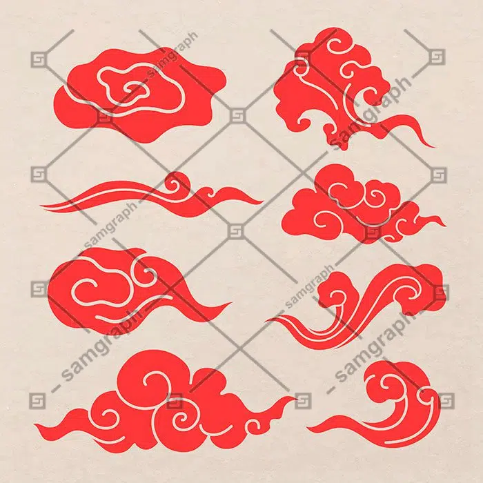 ست 8 تایی از وکتور ابر و استیکر های قرمز 1 oriental cloud sticker red japanese design clipart vector collection 1 مجموعه وکتور کلیپرت طرح استیکر ابر شرقی قرمز ژاپنی