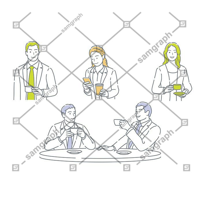 set businesspeople taking coffee break isolated white background 1 قالب-منو-وینتیج-با-سبک-طلایی
