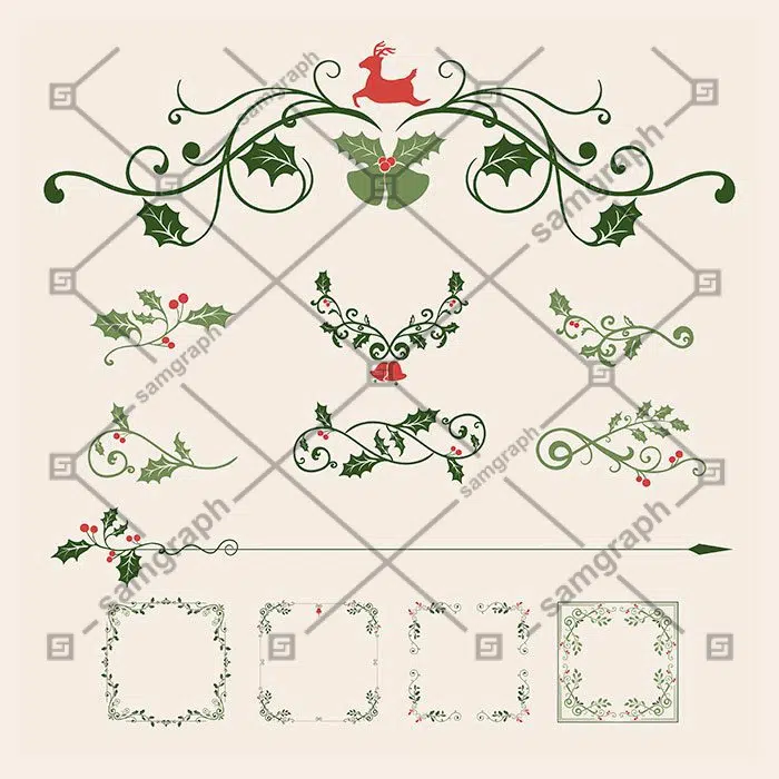 وکتور ست طرح های کادر و گوشه سبز 1 set decorative christmas designs cards vector 1 وکتور ست-تزئینی-طرح های کریسمس-کارت