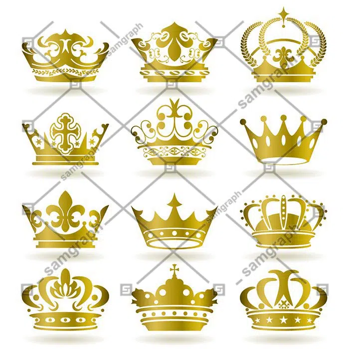 set of gold color crown vector 1 1 وکتور-صفحه-وینتیج-دکور-با-تاج-فلش-عناصر-گل