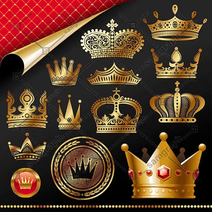 set of gold color crown vector 4 1 وکتور-صفحه-وینتیج-دکور-با-تاج-فلش-عناصر-گل