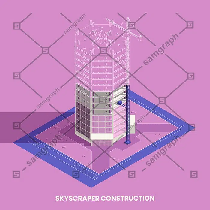 skyscraper construction isometric concept with building preparation symbols 1 نقطه-چراغ-پس زمینه-مفهوم