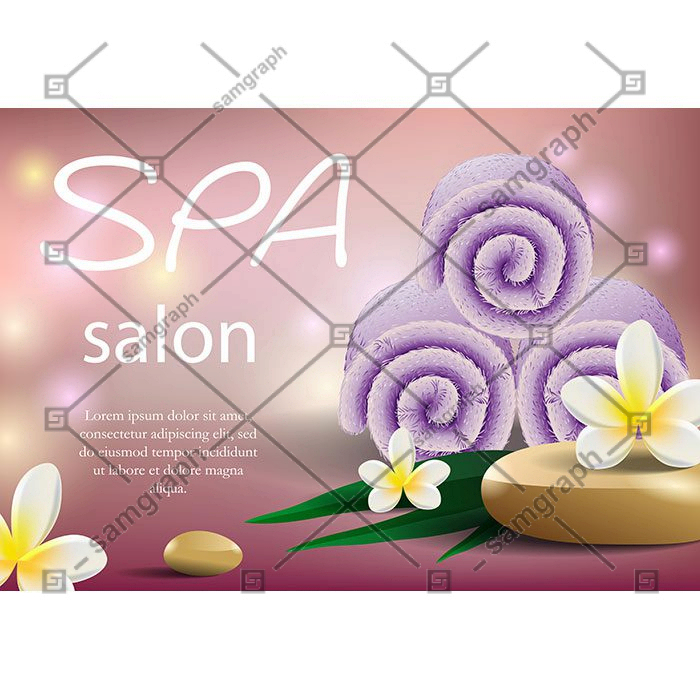 spa salon lettering with purple towels realistic soft towel stack tropic flowers 1 کارت-طراحی-شیک-با-تصاویر-چپ-زرد-متن-آبجو-مواد تشکیل دهنده-گل-شاخه-رازک-شکوفه-ملت