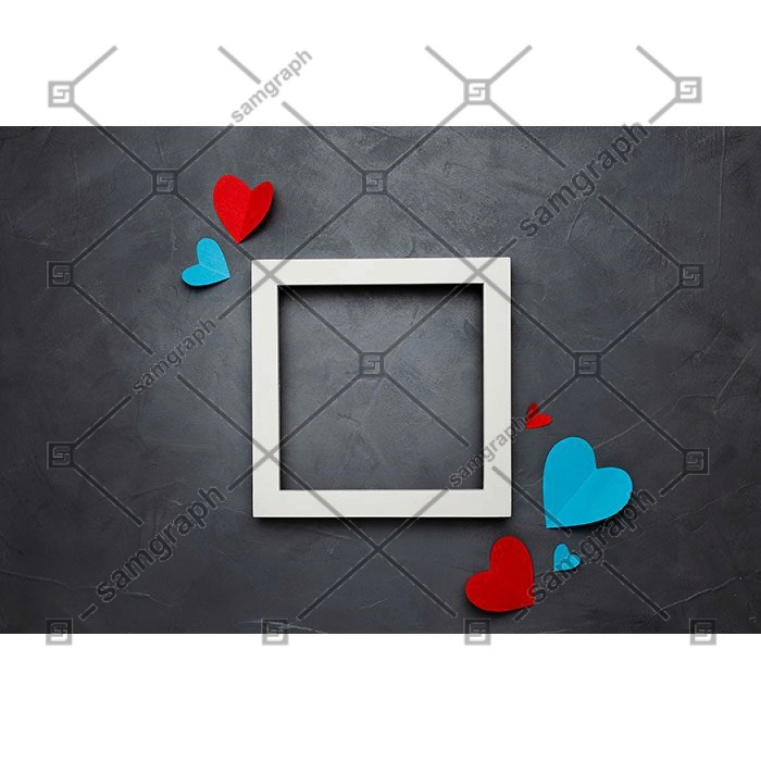 square white empty frame with hearts gray textured background with copyspace 1 مربع-سفید-خالی-قاب-با-قلب-خاکستری-بافت-پس زمینه-با-کپی