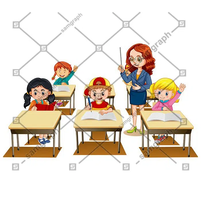students raising their hands with teacher white background 1 معلم-تدریس-دانش آموزان-کلاس-صحنه
