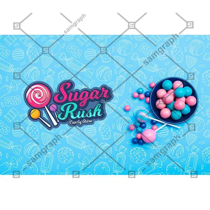 طرح وکتور با پس زمنیه آبی شکلات آب نبات 1 sugar rush top view with plate candies 1 شکر-راش-بالا-نما-با-بشقاب-آب نبات