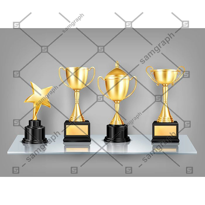 trophy awards realistic images shelf composition golden cups with black pedestals glass shelf 1 آرم وزنه برداری