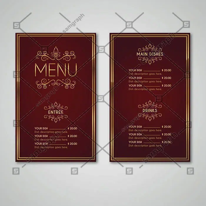 طرح منو رستوران سنتی 1 vintage menu template with golden style 1 قالب-منو-وینتیج-با-سبک-طلایی