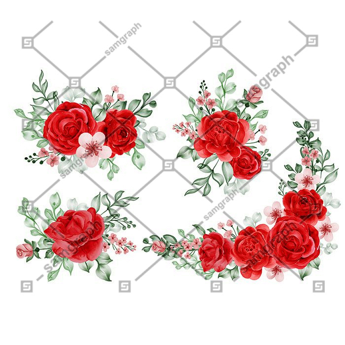 watercolor set flower arrangement freedom rose red leaves 1 مجموعه-آبرنگ-گل آرایی-با-رز-مشکی-طلایی