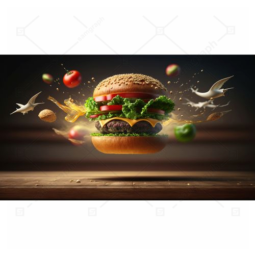 exploding burger with vegetables melted cheese black background generative ai 1 تصویر با کیفیت همبرگر در هوا با اجزاء معلق در هوا