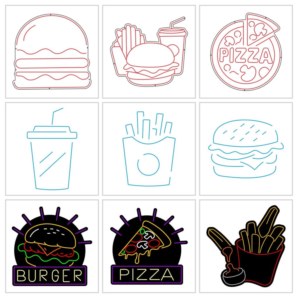 طرح لایه باز نئون فست فود همبرگر، پیتزا و نوشیدنی برای ساخت نئون فلکس با فرمت کورل