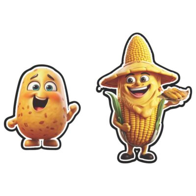 وکتور کاراکتر کارتونی سیب زمینی و ذرت | طرح فانتزی مواد غذایی